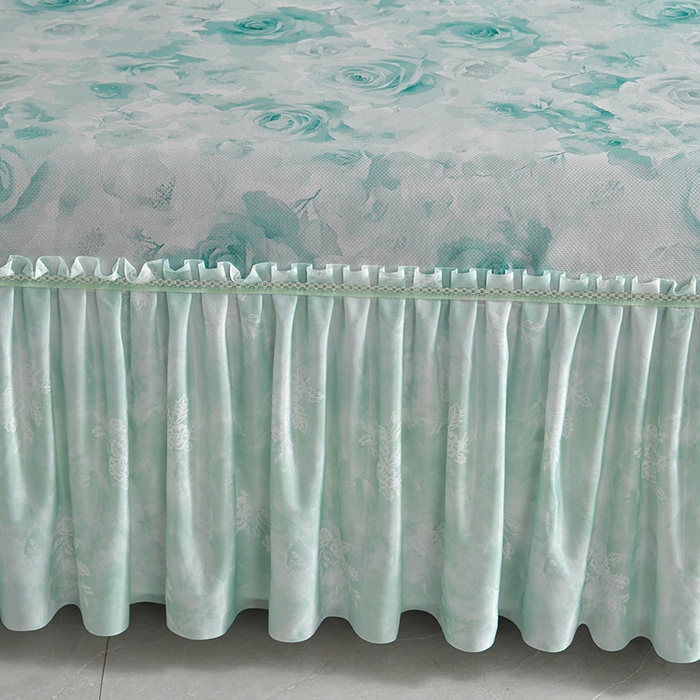 91家纺网 家纺一手货源 找家纺 梦之星 2026新款豆豆冰丝软凉席印花复合床裙款三件套 花语-绿