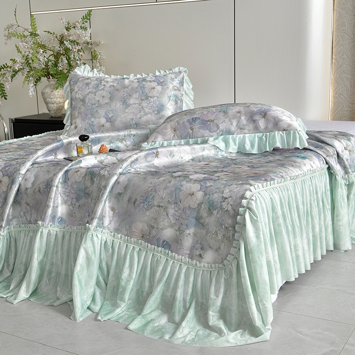 91家纺网 家纺一手货源 找家纺 梦之星 2026新款豆豆冰丝软凉席印花复合床裙款三件套 柔梦-绿