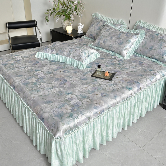 91家纺网 家纺一手货源 找家纺 梦之星 2026新款豆豆冰丝软凉席印花复合床裙款三件套 柔梦-绿