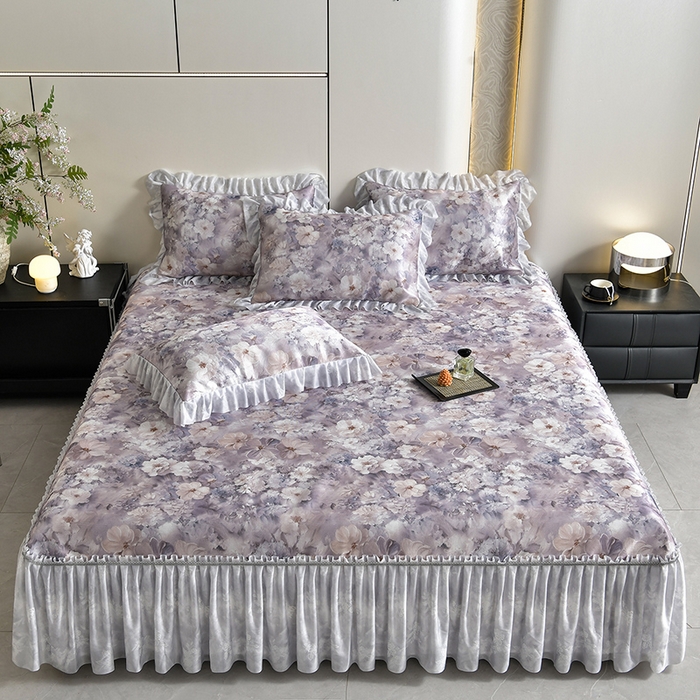 91家纺网 家纺一手货源 找家纺 梦之星 2026新款豆豆冰丝软凉席印花复合床裙款三件套 柔梦-紫