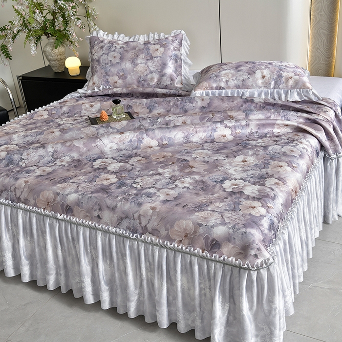 91家纺网 家纺一手货源 找家纺 梦之星 2026新款豆豆冰丝软凉席印花复合床裙款三件套 柔梦-紫