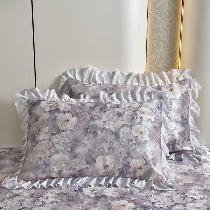 91家纺网 家纺一手货源 找家纺 梦之星 2026新款豆豆冰丝软凉席印花复合床裙款三件套 柔梦-紫