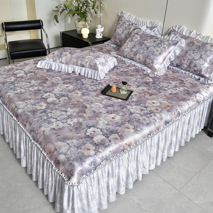 91家纺网 家纺一手货源 找家纺 梦之星 2026新款豆豆冰丝软凉席印花复合床裙款三件套 柔梦-紫