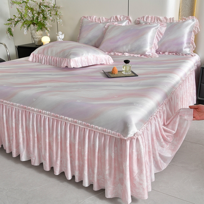 91家纺网 家纺一手货源 找家纺 梦之星 2026新款豆豆冰丝软凉席印花复合床裙款三件套 炫彩-粉