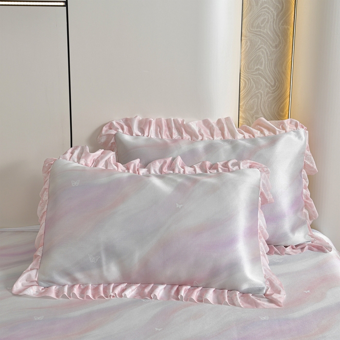 91家纺网 家纺一手货源 找家纺 梦之星 2026新款豆豆冰丝软凉席印花复合床裙款三件套 炫彩-粉