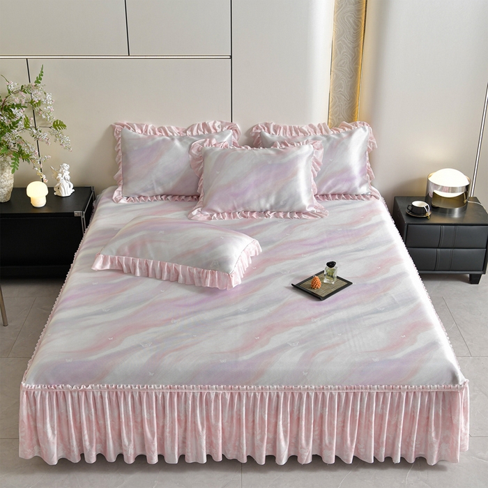 91家纺网 家纺一手货源 找家纺 梦之星 2026新款豆豆冰丝软凉席印花复合床裙款三件套 炫彩-粉