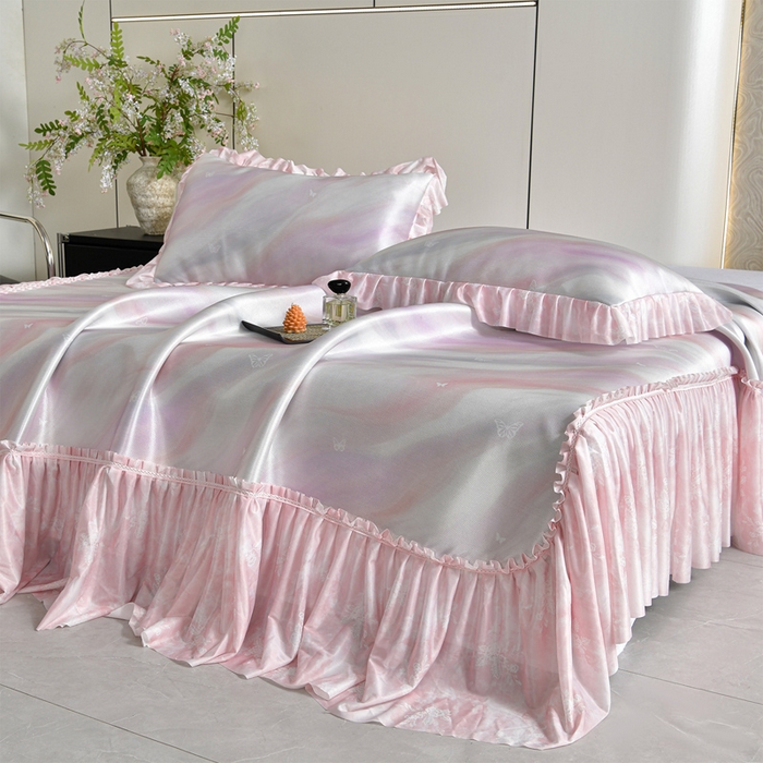 91家纺网 家纺一手货源 找家纺 梦之星 2026新款豆豆冰丝软凉席印花复合床裙款三件套 炫彩-粉