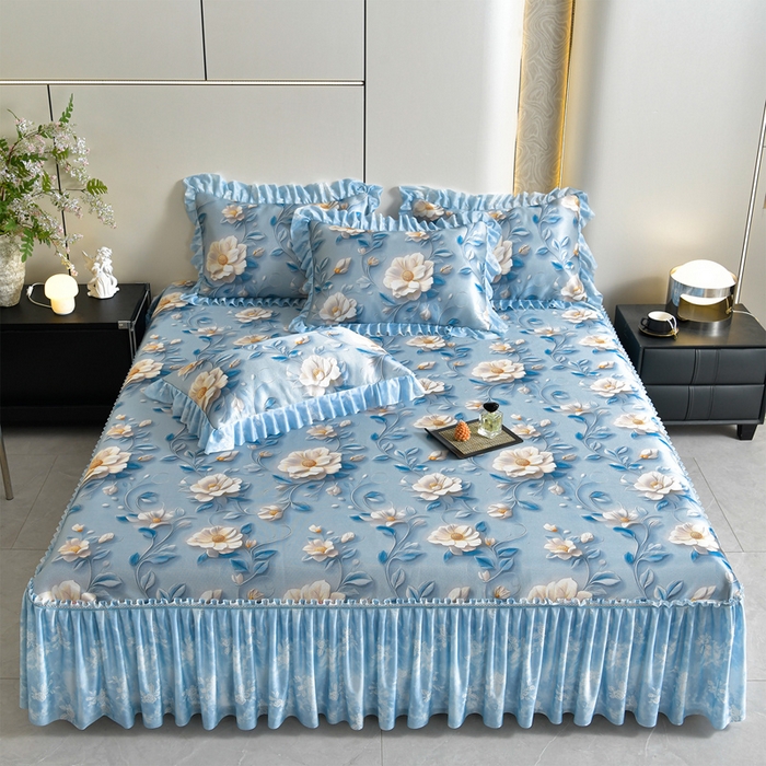 91家纺网 家纺一手货源 找家纺 梦之星 2026新款豆豆冰丝软凉席印花复合床裙款三件套 栀子-蓝