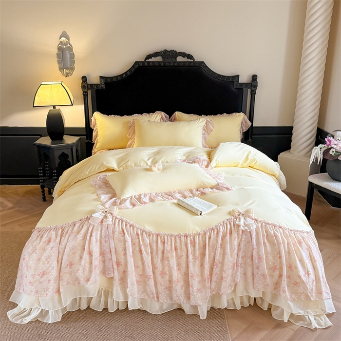 富盛家纺 2026新款水洗亲肤棉雪纺蕾丝刺绣法式床裙韩版四件套 浪漫主义-黄