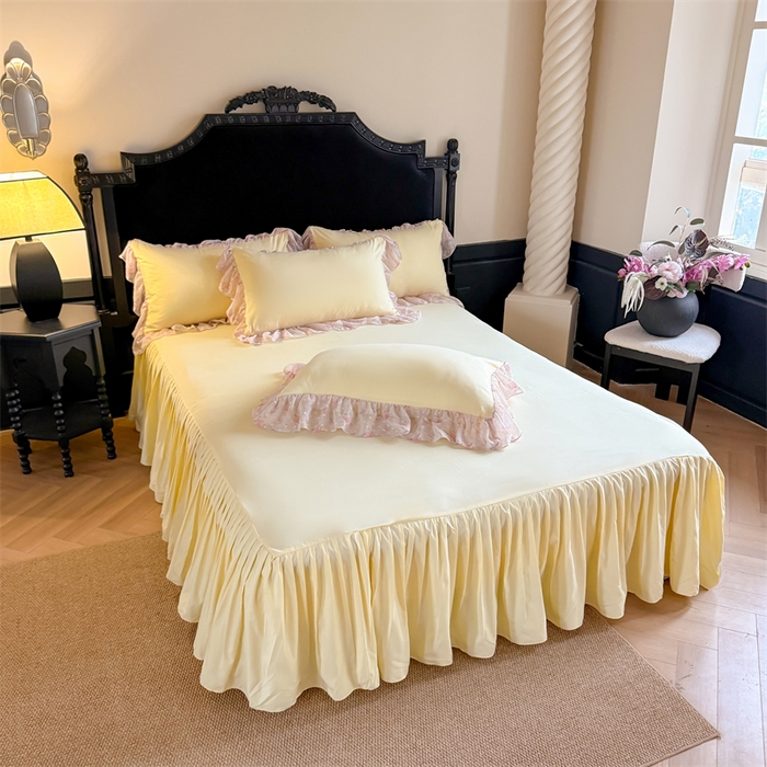 91家纺网 家纺一手货源 找家纺 富盛家纺 2026新款水洗亲肤棉雪纺蕾丝刺绣法式床裙韩版四件套 浪漫主义-黄