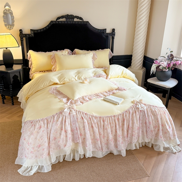 91家纺网 家纺一手货源 找家纺 富盛家纺 2026新款水洗亲肤棉雪纺蕾丝刺绣法式床裙韩版四件套 浪漫主义-黄