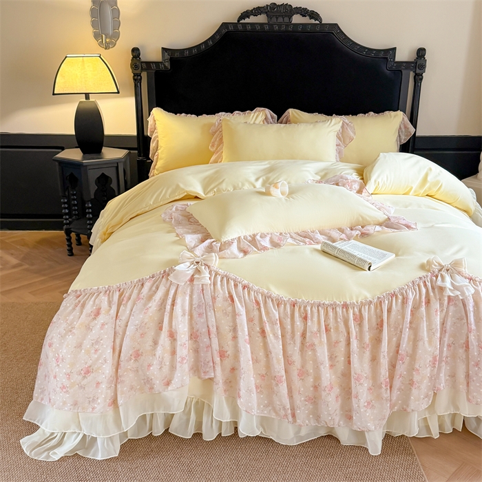 91家纺网 家纺一手货源 找家纺 富盛家纺 2026新款水洗亲肤棉雪纺蕾丝刺绣法式床裙韩版四件套 浪漫主义-黄