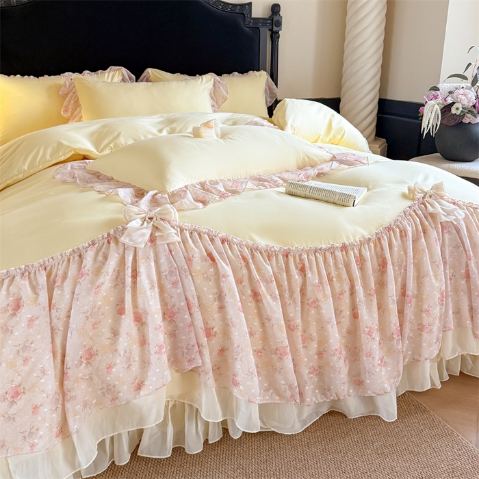 91家纺网 家纺一手货源 找家纺 富盛家纺 2026新款水洗亲肤棉雪纺蕾丝刺绣法式床裙韩版四件套 浪漫主义-黄