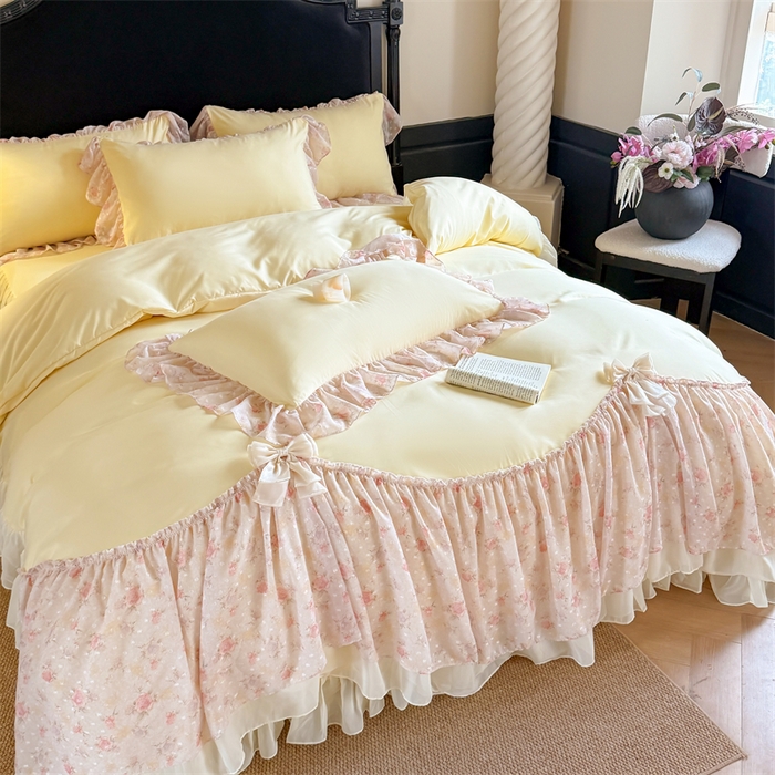 91家纺网 家纺一手货源 找家纺 富盛家纺 2026新款水洗亲肤棉雪纺蕾丝刺绣法式床裙韩版四件套 浪漫主义-黄