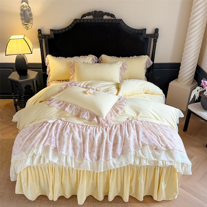 91家纺网 家纺一手货源 找家纺 富盛家纺 2026新款水洗亲肤棉雪纺蕾丝刺绣法式床裙韩版四件套 浪漫主义-黄