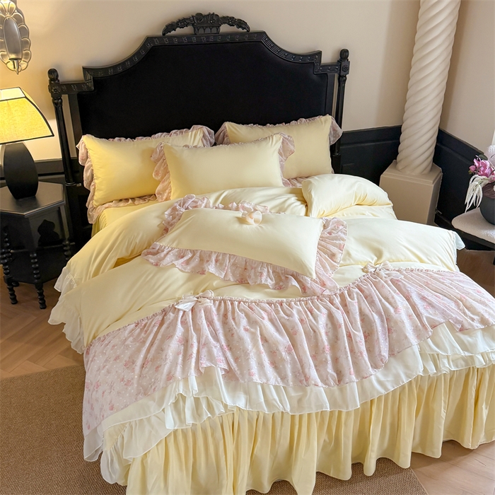 91家纺网 家纺一手货源 找家纺 富盛家纺 2026新款水洗亲肤棉雪纺蕾丝刺绣法式床裙韩版四件套 浪漫主义-黄