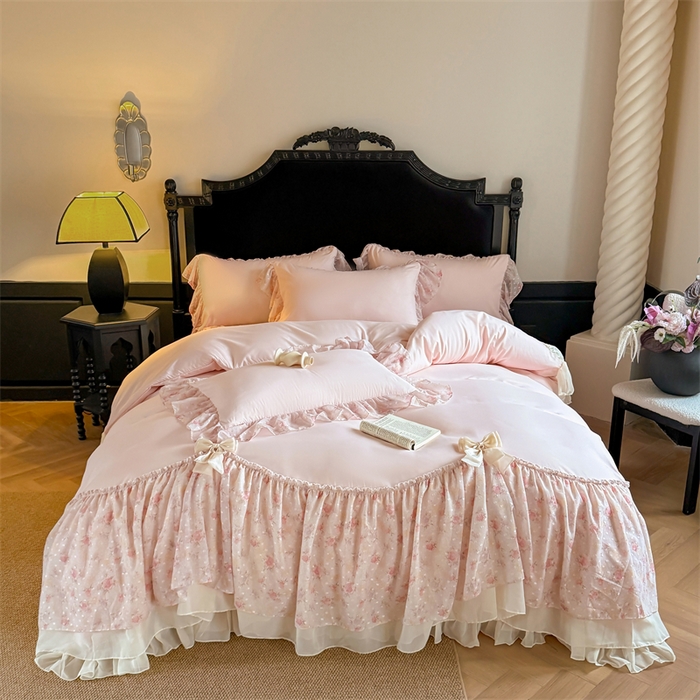 91家纺网 家纺一手货源 找家纺 （总）富盛家纺 2026新款水洗亲肤棉雪纺蕾丝刺绣法式床裙韩版四件套