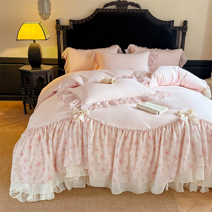 91家纺网 家纺一手货源 找家纺 （总）富盛家纺 2026新款水洗亲肤棉雪纺蕾丝刺绣法式床裙韩版四件套