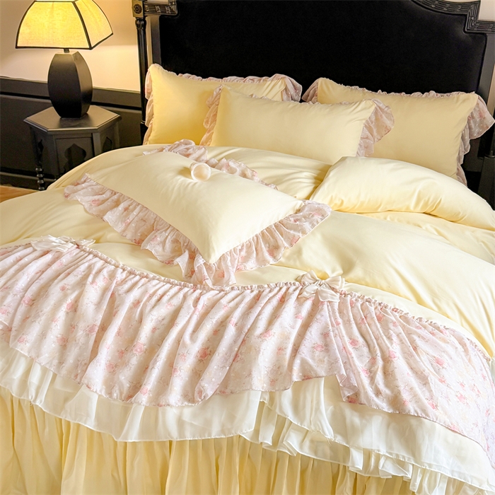 91家纺网 家纺一手货源 找家纺 富盛家纺 2026新款水洗亲肤棉雪纺蕾丝刺绣法式床裙韩版四件套 浪漫主义-黄