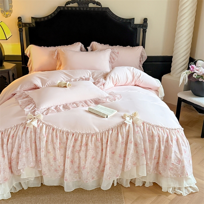 91家纺网 家纺一手货源 找家纺 （总）富盛家纺 2026新款水洗亲肤棉雪纺蕾丝刺绣法式床裙韩版四件套