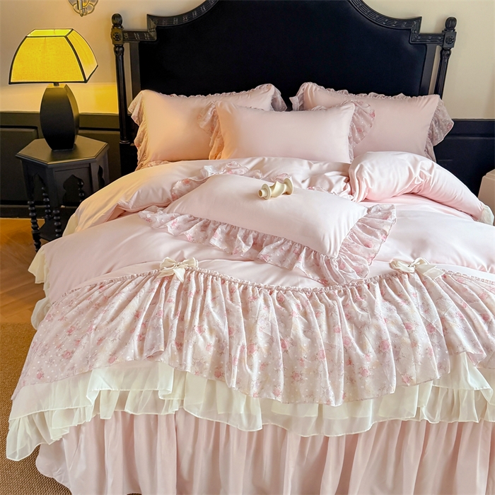 91家纺网 家纺一手货源 找家纺 （总）富盛家纺 2026新款水洗亲肤棉雪纺蕾丝刺绣法式床裙韩版四件套