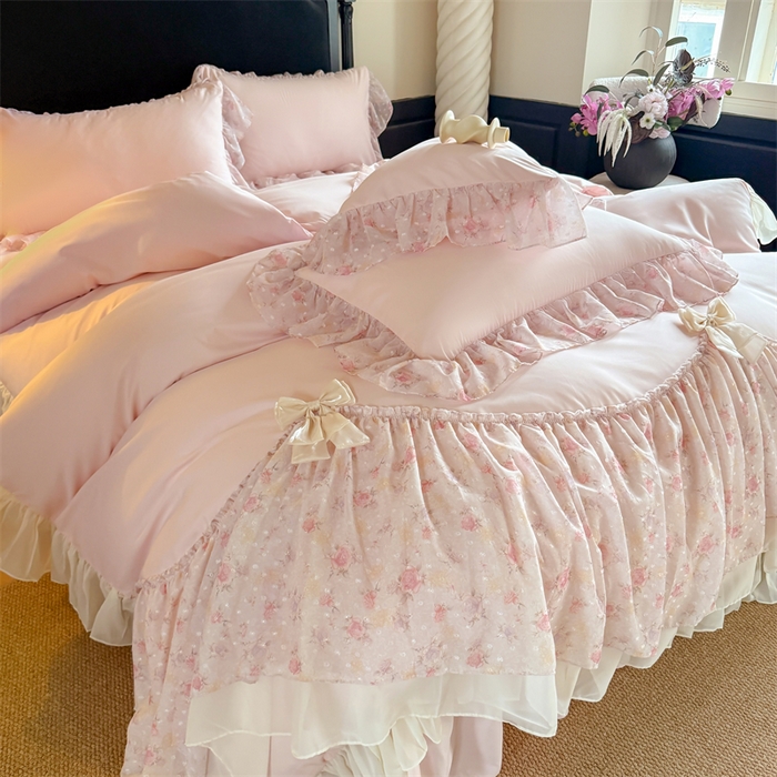 91家纺网 家纺一手货源 找家纺 （总）富盛家纺 2026新款水洗亲肤棉雪纺蕾丝刺绣法式床裙韩版四件套