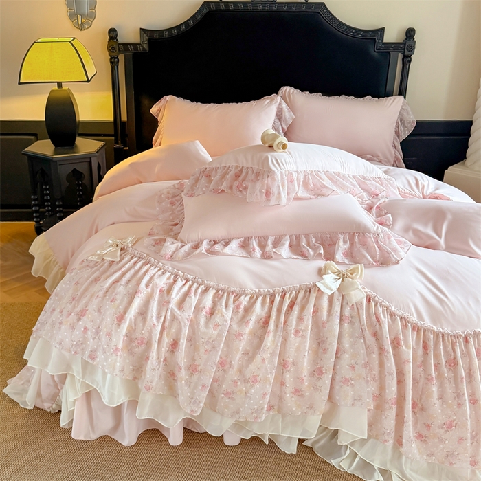 91家纺网 家纺一手货源 找家纺 （总）富盛家纺 2026新款水洗亲肤棉雪纺蕾丝刺绣法式床裙韩版四件套