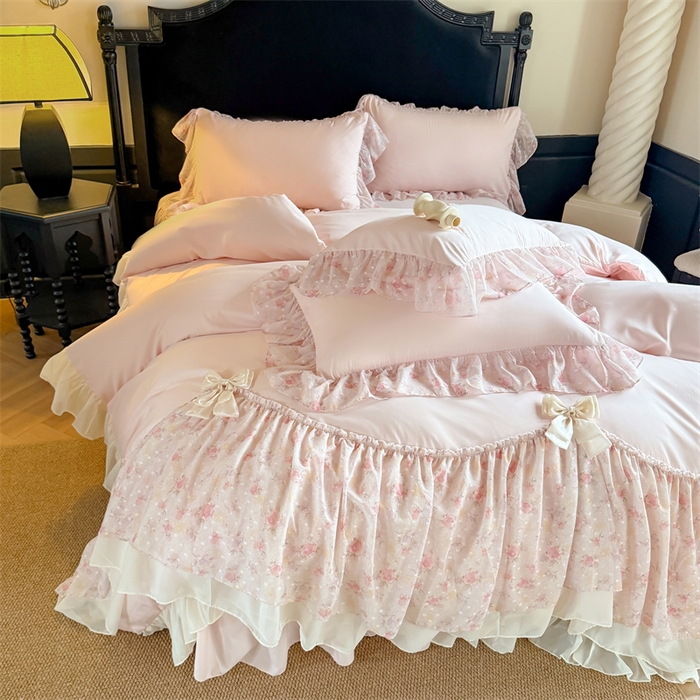 91家纺网 家纺一手货源 找家纺 （总）富盛家纺 2026新款水洗亲肤棉雪纺蕾丝刺绣法式床裙韩版四件套