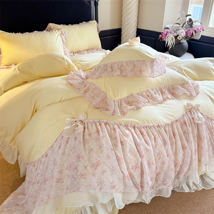 91家纺网 家纺一手货源 找家纺 富盛家纺 2026新款水洗亲肤棉雪纺蕾丝刺绣法式床裙韩版四件套 浪漫主义-黄