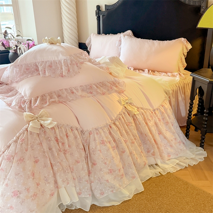 91家纺网 家纺一手货源 找家纺 （总）富盛家纺 2026新款水洗亲肤棉雪纺蕾丝刺绣法式床裙韩版四件套