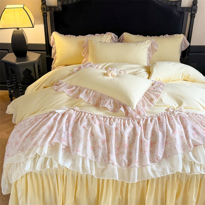 91家纺网 家纺一手货源 找家纺 富盛家纺 2026新款水洗亲肤棉雪纺蕾丝刺绣法式床裙韩版四件套 浪漫主义-黄