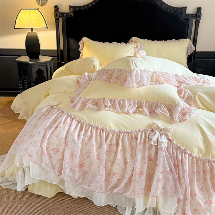 91家纺网 家纺一手货源 找家纺 富盛家纺 2026新款水洗亲肤棉雪纺蕾丝刺绣法式床裙韩版四件套 浪漫主义-黄