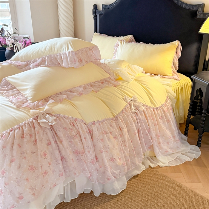 91家纺网 家纺一手货源 找家纺 富盛家纺 2026新款水洗亲肤棉雪纺蕾丝刺绣法式床裙韩版四件套 浪漫主义-黄