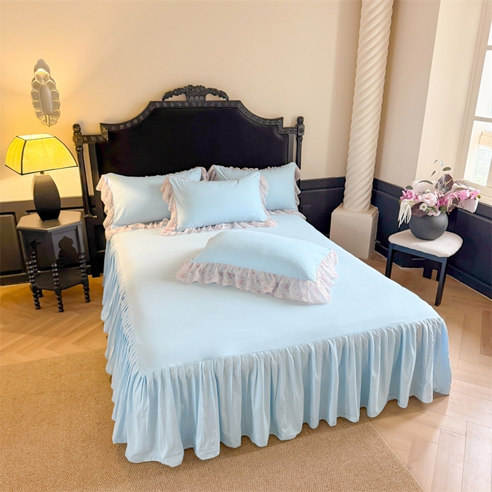 91家纺网 家纺一手货源 找家纺 富盛家纺 2026新款水洗亲肤棉雪纺蕾丝刺绣法式床裙韩版四件套 浪漫主义-蓝