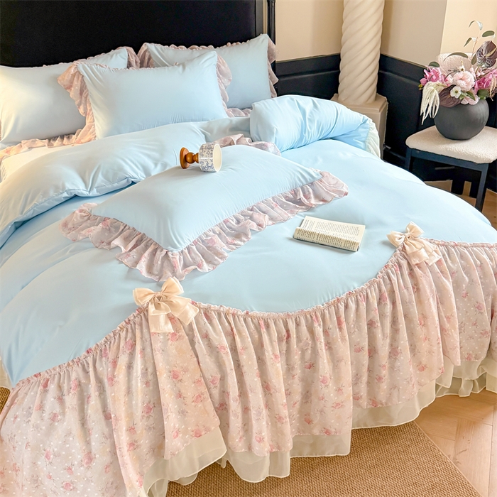 91家纺网 家纺一手货源 找家纺 富盛家纺 2026新款水洗亲肤棉雪纺蕾丝刺绣法式床裙韩版四件套 浪漫主义-蓝