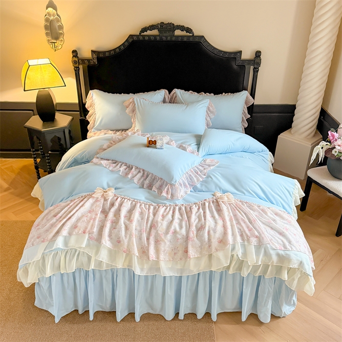 91家纺网 家纺一手货源 找家纺 富盛家纺 2026新款水洗亲肤棉雪纺蕾丝刺绣法式床裙韩版四件套 浪漫主义-蓝