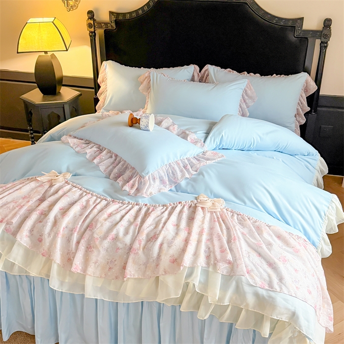 91家纺网 家纺一手货源 找家纺 富盛家纺 2026新款水洗亲肤棉雪纺蕾丝刺绣法式床裙韩版四件套 浪漫主义-蓝