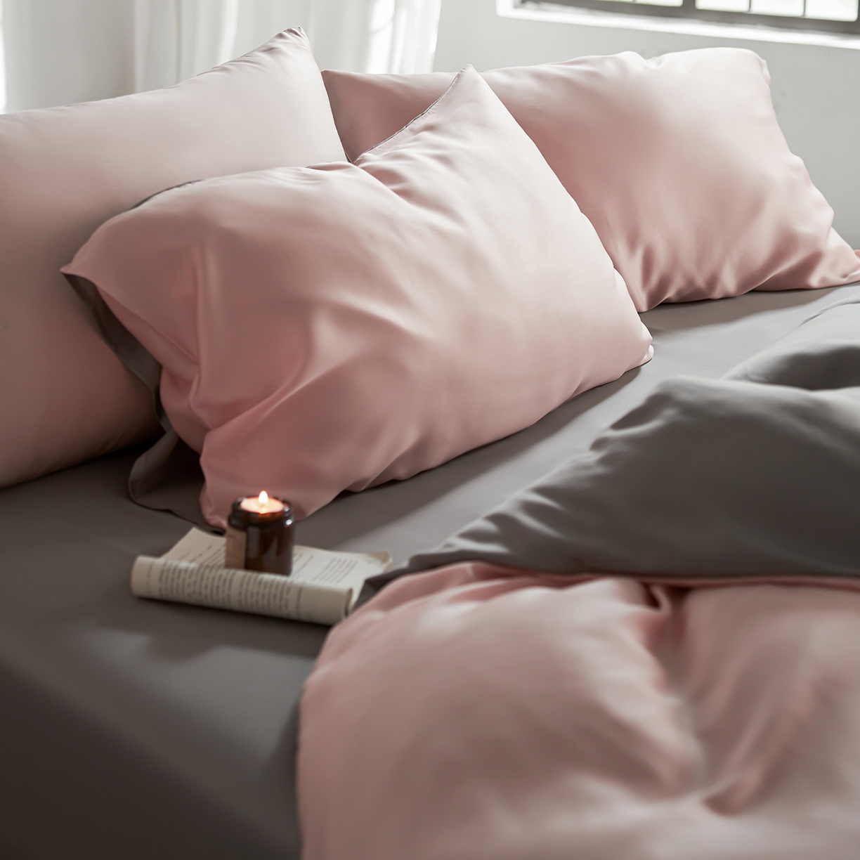 91家纺网 家纺一手货源 找家纺 轩和家居 2026新款60支奥地利兰精天丝四件套 告白粉+伯爵灰