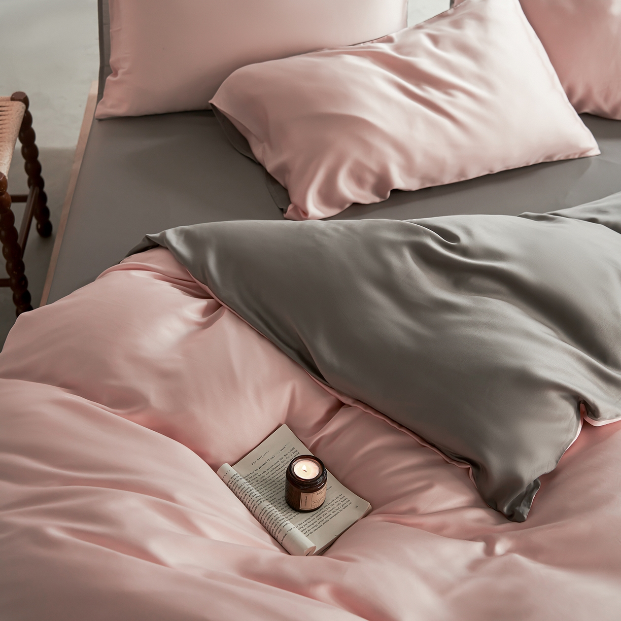 91家纺网 家纺一手货源 找家纺 轩和家居 2026新款60支奥地利兰精天丝四件套 告白粉+伯爵灰