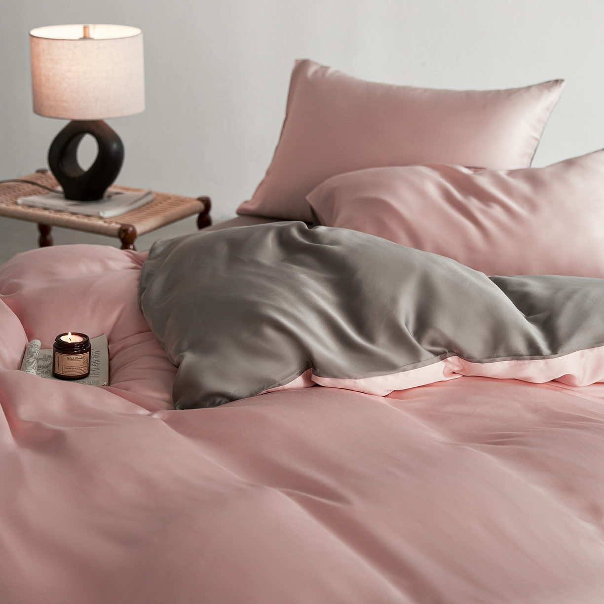 91家纺网 家纺一手货源 找家纺 轩和家居 2026新款60支奥地利兰精天丝四件套 告白粉+伯爵灰