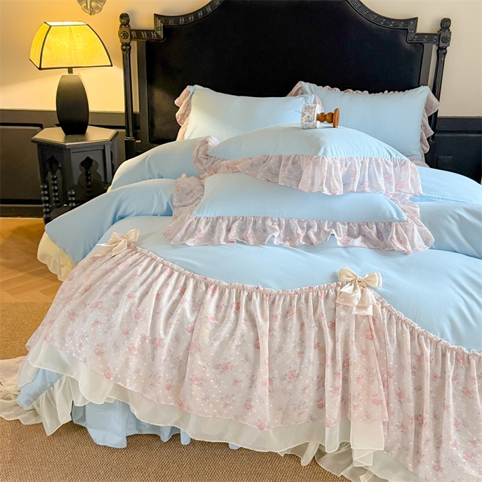 91家纺网 家纺一手货源 找家纺 富盛家纺 2026新款水洗亲肤棉雪纺蕾丝刺绣法式床裙韩版四件套 浪漫主义-蓝