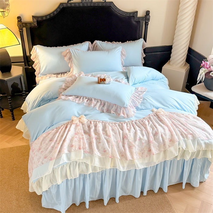 91家纺网 家纺一手货源 找家纺 富盛家纺 2026新款水洗亲肤棉雪纺蕾丝刺绣法式床裙韩版四件套 浪漫主义-蓝