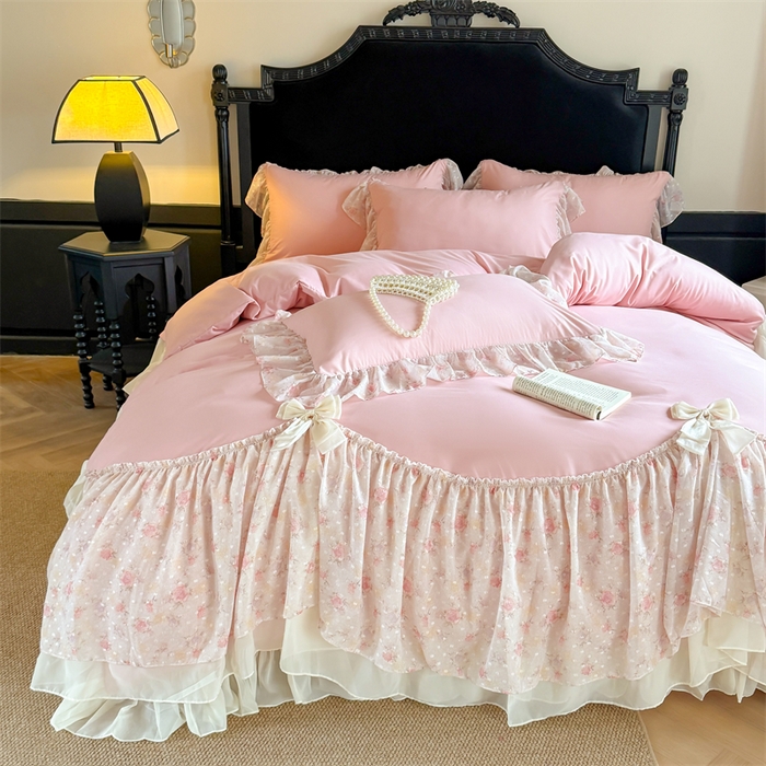 91家纺网 家纺一手货源 找家纺 富盛家纺 2026新款水洗亲肤棉雪纺蕾丝刺绣法式床裙韩版四件套 浪漫主义-豆沙