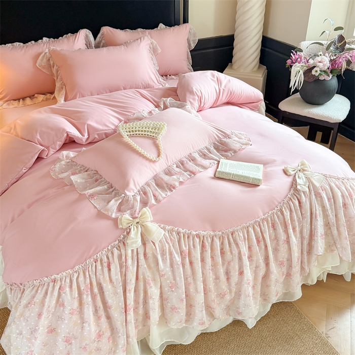 91家纺网 家纺一手货源 找家纺 富盛家纺 2026新款水洗亲肤棉雪纺蕾丝刺绣法式床裙韩版四件套 浪漫主义-豆沙