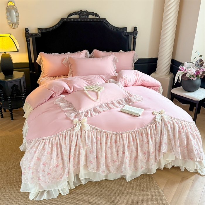 91家纺网 家纺一手货源 找家纺 富盛家纺 2026新款水洗亲肤棉雪纺蕾丝刺绣法式床裙韩版四件套 浪漫主义-豆沙