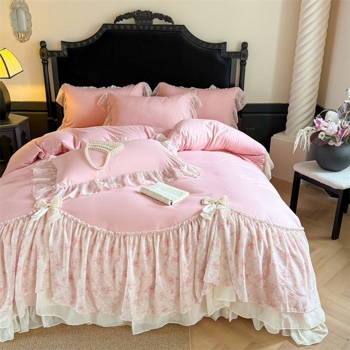 91家纺网 家纺一手货源 找家纺 富盛家纺 2026新款水洗亲肤棉雪纺蕾丝刺绣法式床裙韩版四件套 浪漫主义-豆沙