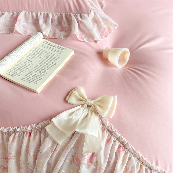 91家纺网 家纺一手货源 找家纺 富盛家纺 2026新款水洗亲肤棉雪纺蕾丝刺绣法式床裙韩版四件套 浪漫主义-豆沙