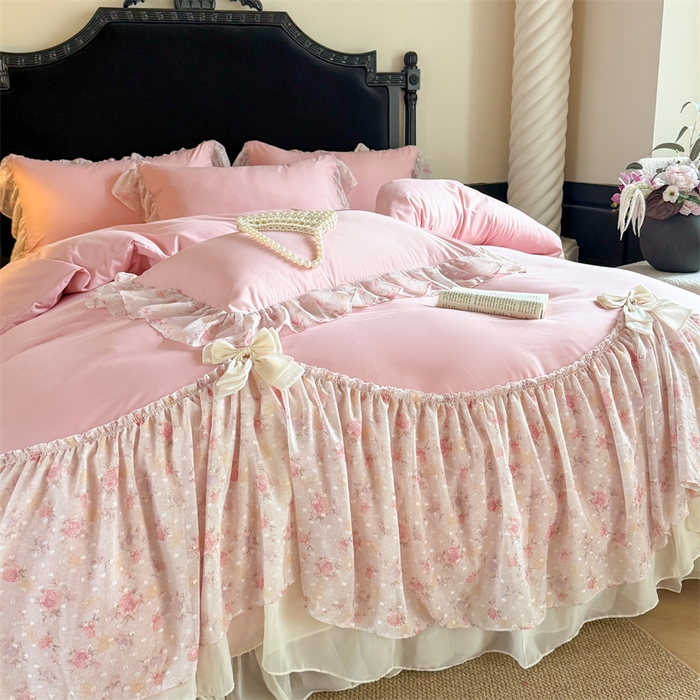 91家纺网 家纺一手货源 找家纺 富盛家纺 2026新款水洗亲肤棉雪纺蕾丝刺绣法式床裙韩版四件套 浪漫主义-豆沙