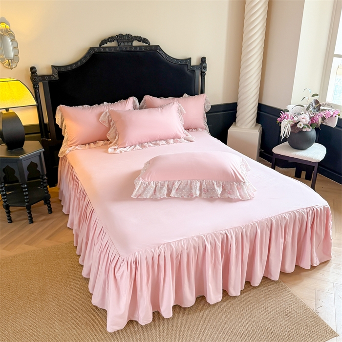 91家纺网 家纺一手货源 找家纺 富盛家纺 2026新款水洗亲肤棉雪纺蕾丝刺绣法式床裙韩版四件套 浪漫主义-豆沙