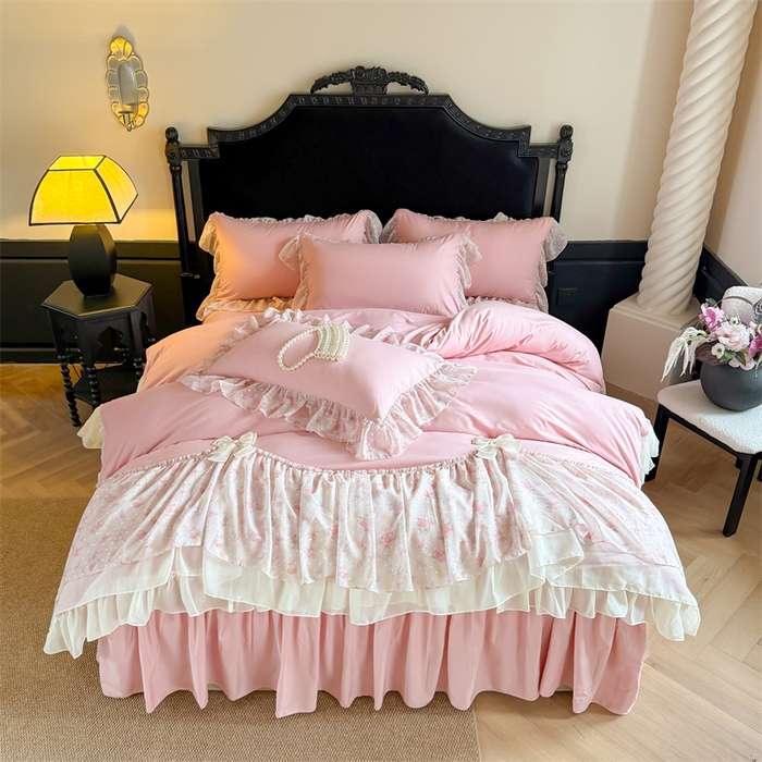 91家纺网 家纺一手货源 找家纺 富盛家纺 2026新款水洗亲肤棉雪纺蕾丝刺绣法式床裙韩版四件套 浪漫主义-豆沙